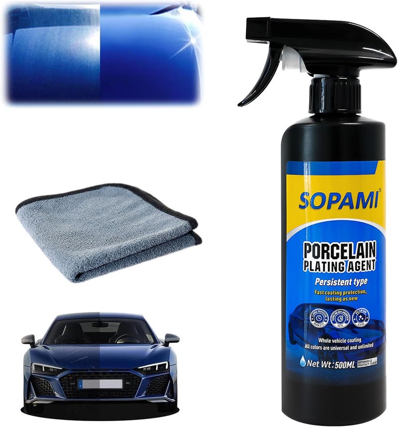 SOPAMI Car Coating Spray, Quick Effect Coating Agent,Quickly Coat Wax Spray Car Scratch Wax Polish ，Waterless Wash Oil Film Emulsion Glass Cleaner (1 Pc+Cloth) - Image 1